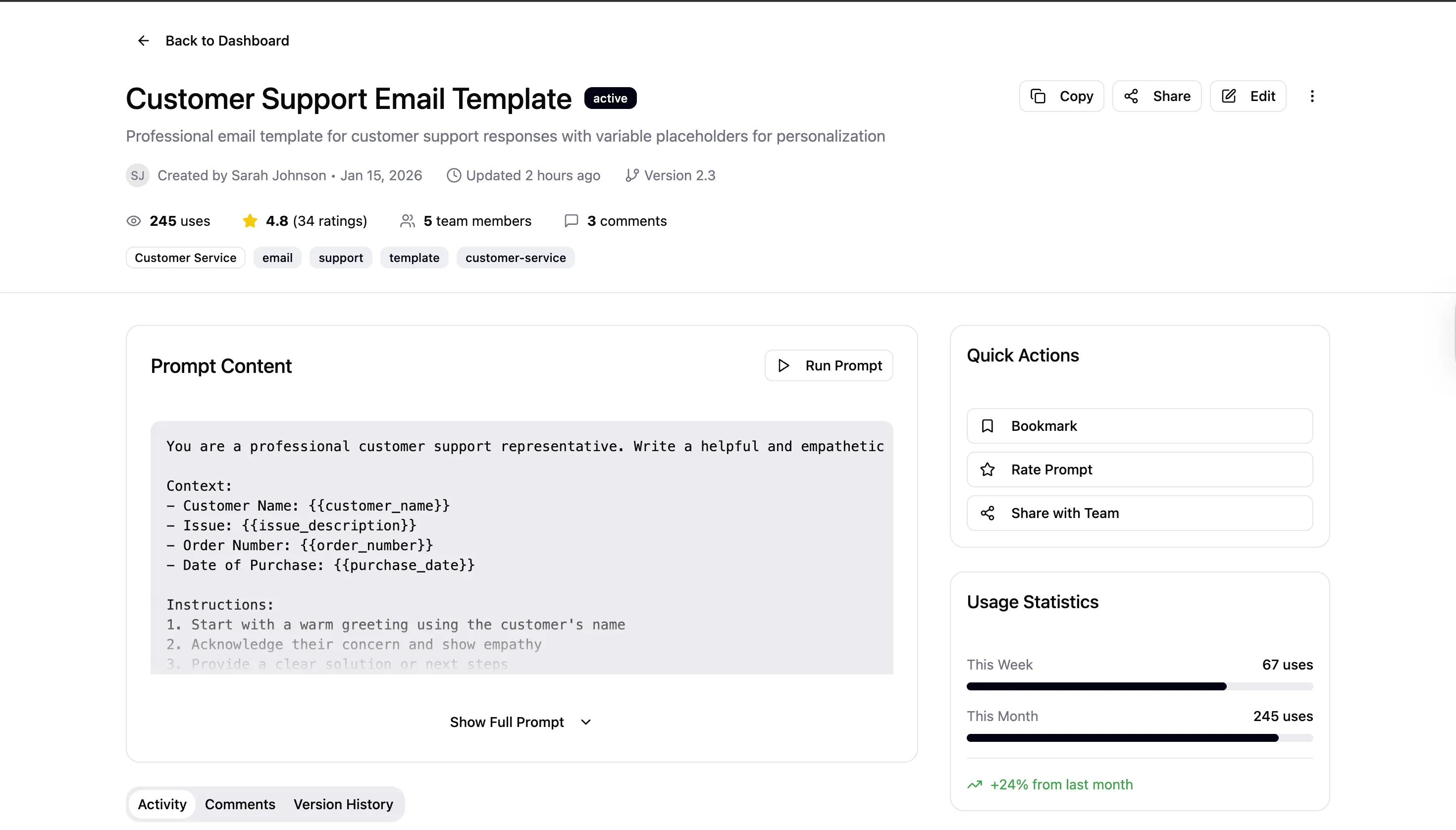 The prompt interface showing collaborative features and analytics.